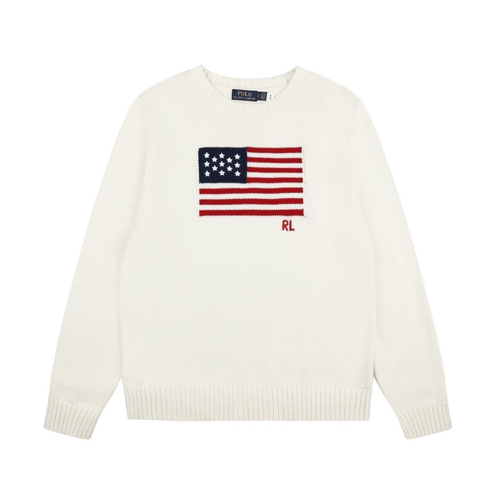 Polo by Ralph Lauren Cream Crewneck Sweater with Red & Blue Flag Motif